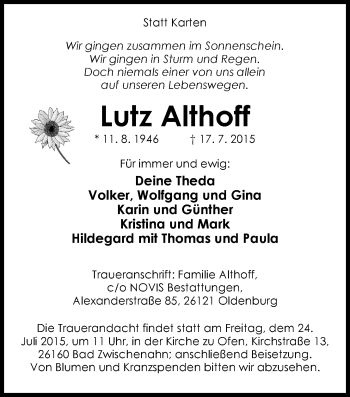 Traueranzeige von Lutz Althoff von Nordwest-Zeitung