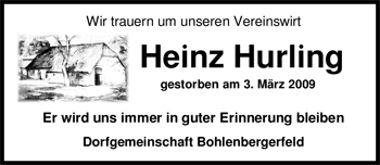 Traueranzeige von Heinz Hurling von Nordwest-Zeitung