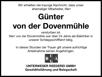 Traueranzeige von Günter von der Dovenmühle von Nordwest-Zeitung