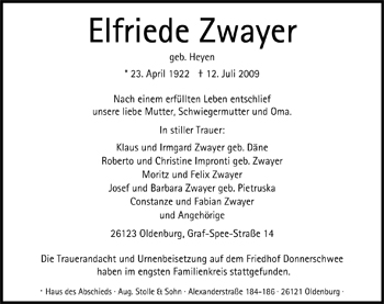 Traueranzeige von Elfriede Zwayer von Nordwest-Zeitung