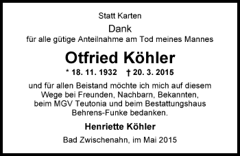 Traueranzeige von Otfried Köhler von Nordwest-Zeitung