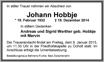 Traueranzeige von Johann Hobbje von Nordwest-Zeitung