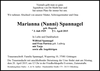 Traueranzeige von Marianna Spannagel von Nordwest-Zeitung