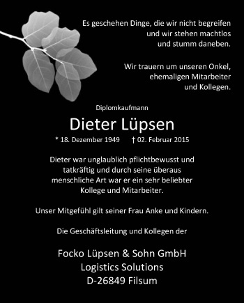 Traueranzeige von Dieter Lüpsen von Nordwest-Zeitung