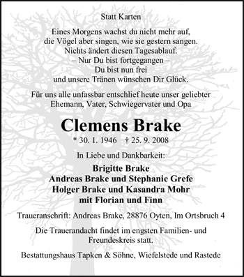 Traueranzeige von Clemens Brake von Nordwest-Zeitung