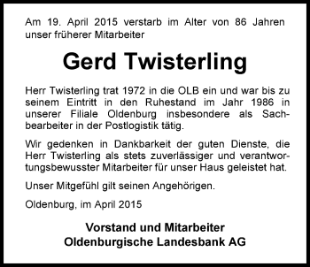 Traueranzeige von Gerd Twisterling von Nordwest-Zeitung