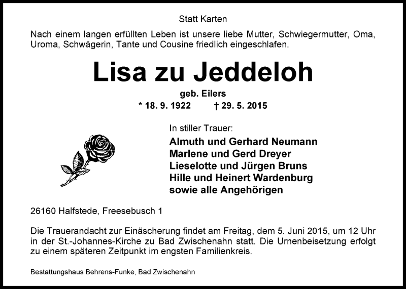  Traueranzeige für Lisa zu Jeddeloh vom 02.06.2015 aus Nordwest-Zeitung