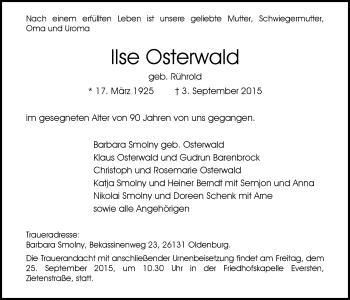 Traueranzeige von Ilse Osterwald von Nordwest-Zeitung