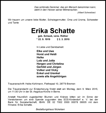 Traueranzeige von Erika Schatte von Nordwest-Zeitung