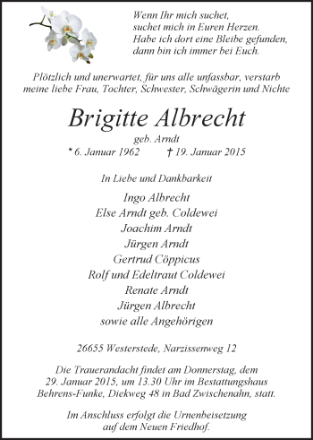 Traueranzeige von Brigitte Albrecht von Nordwest-Zeitung