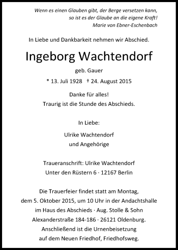 Traueranzeige von Ingeborg Wachtendorf von Nordwest-Zeitung