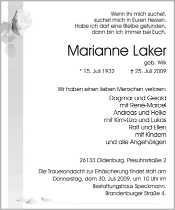 Traueranzeige von Marianne Laker von Nordwest-Zeitung