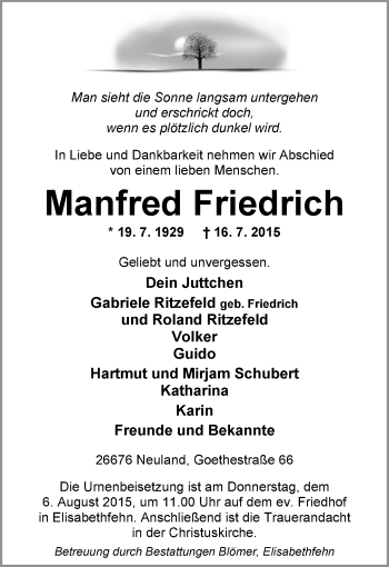 Traueranzeige von Manfred Friedrich von Nordwest-Zeitung