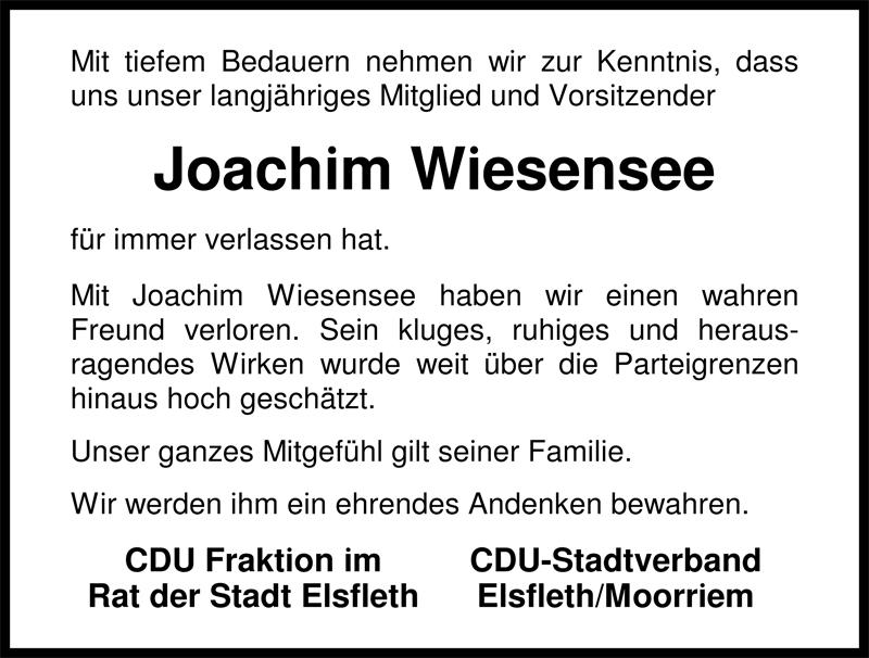  Traueranzeige für Joachim Wiesensee vom 29.08.2009 aus Nordwest-Zeitung
