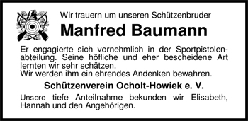 Traueranzeige von Manfred Baumann von Nordwest-Zeitung