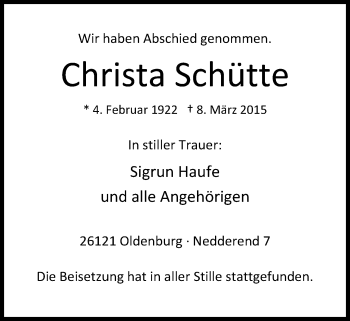 Traueranzeige von Christa Schütte von Nordwest-Zeitung