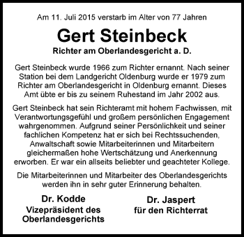 Traueranzeige von Gert Steinbeck von Nordwest-Zeitung