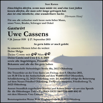 Traueranzeige von Uwe Cassens von Nordwest-Zeitung