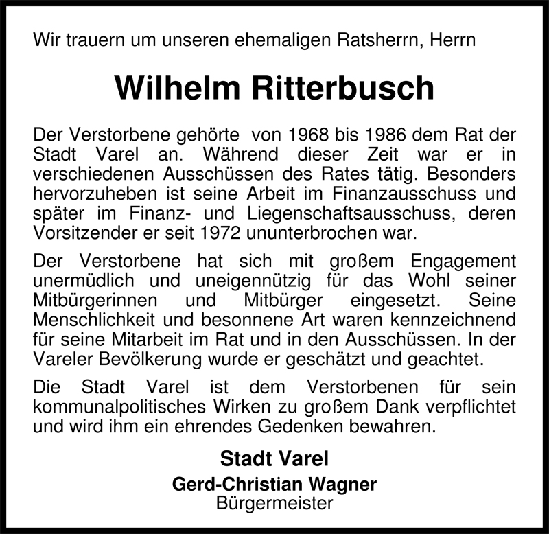  Traueranzeige für Wilhelm Ritterbusch vom 07.04.2009 aus Nordwest-Zeitung