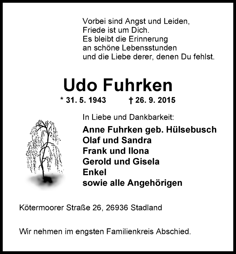  Traueranzeige für Udo Fuhrken vom 30.09.2015 aus Nordwest-Zeitung
