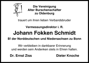 Traueranzeige von Johann Fokken Schmidt von Nordwest-Zeitung