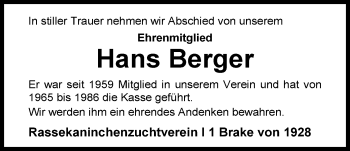 Traueranzeige von Hans Berger von Nordwest-Zeitung
