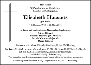 Traueranzeige von Elisabeth Haasters von Nordwest-Zeitung