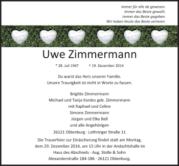 Traueranzeige von Uwe Zimmermann von Nordwest-Zeitung