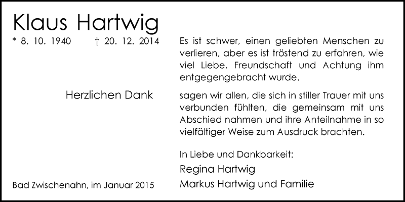  Traueranzeige für Klaus Hartwig vom 30.01.2015 aus Nordwest-Zeitung