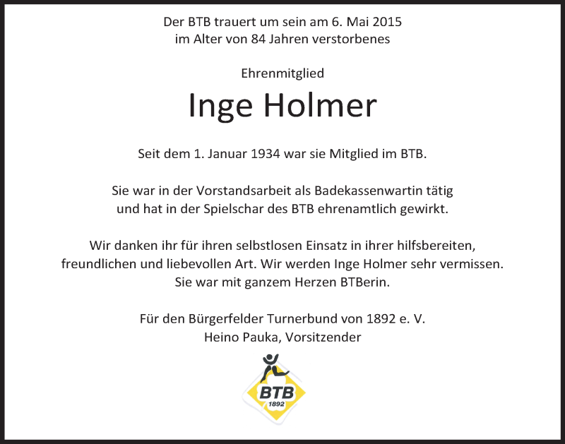  Traueranzeige für Inge Holmer vom 08.05.2015 aus Nordwest-Zeitung