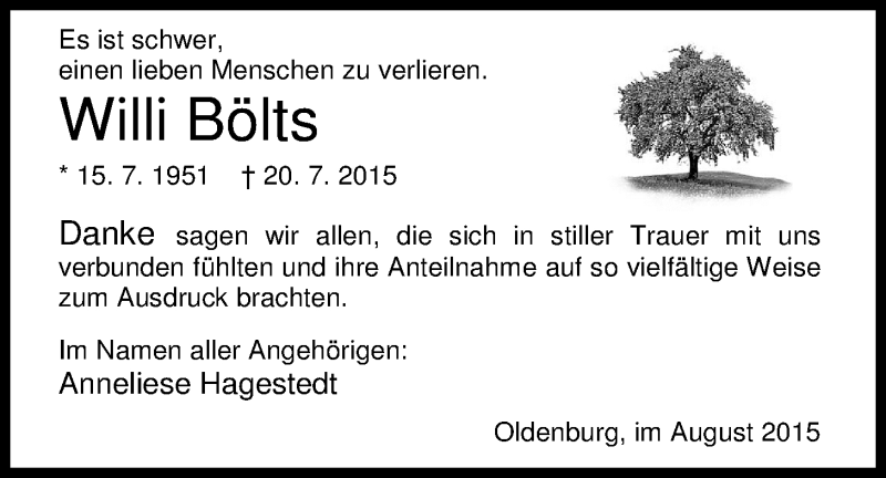  Traueranzeige für Willi Bölts vom 21.08.2015 aus Nordwest-Zeitung