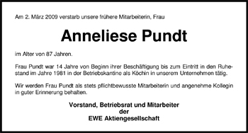 Traueranzeige von Anneliese Pundt von Nordwest-Zeitung