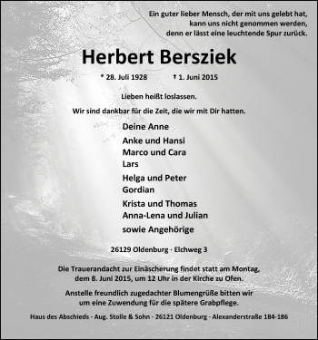 Traueranzeige von Herbert Bersziek von Nordwest-Zeitung