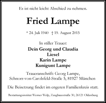 Traueranzeige von Fried Lampe von Nordwest-Zeitung