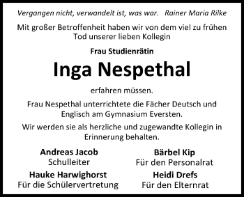 Traueranzeige von Inga Nespethal von Nordwest-Zeitung