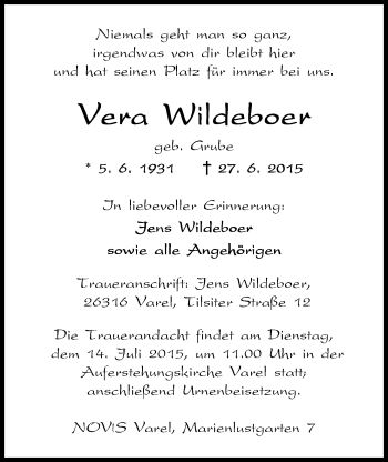 Traueranzeige von Vera Wildeboer von Nordwest-Zeitung