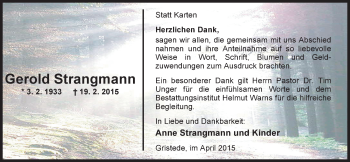Traueranzeige von Gerold Strangmann von Nordwest-Zeitung