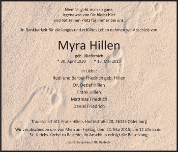 Traueranzeige von Myra Hillen von Nordwest-Zeitung
