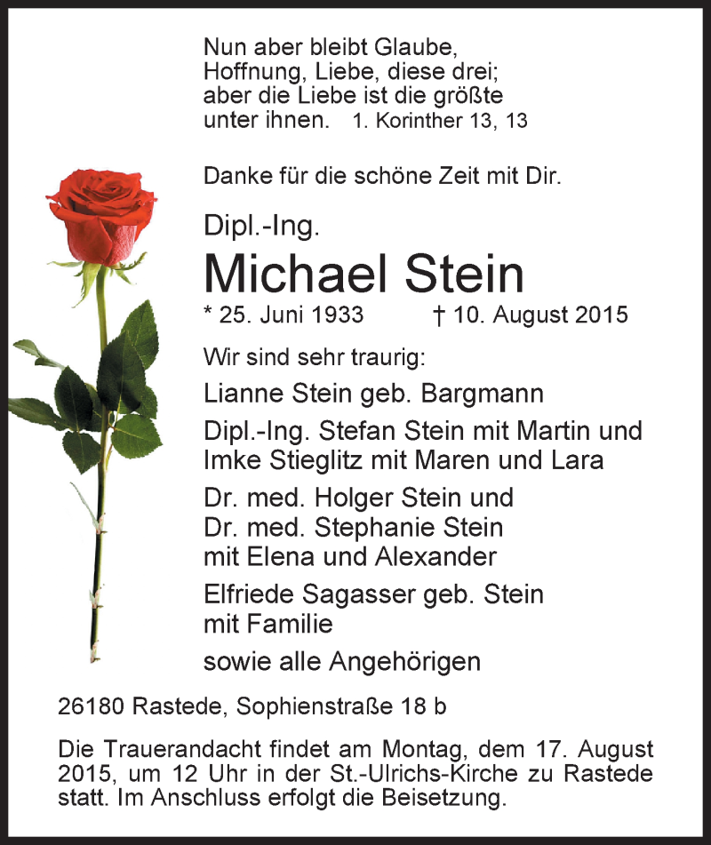  Traueranzeige für Michael Stein vom 13.08.2015 aus Nordwest-Zeitung