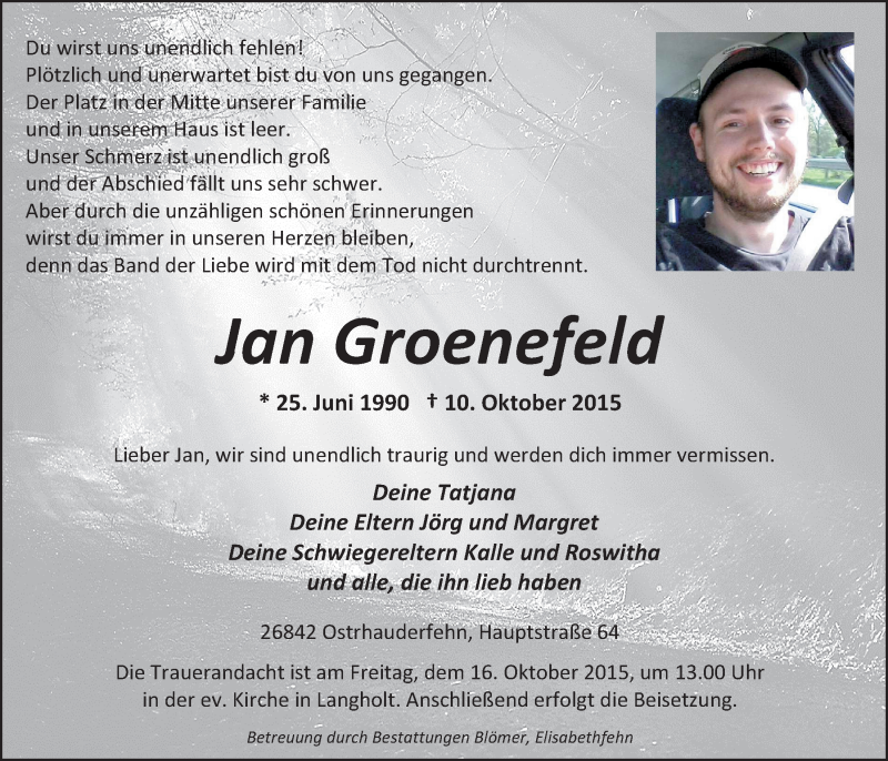  Traueranzeige für Jan Groenefeld vom 14.10.2015 aus Nordwest-Zeitung