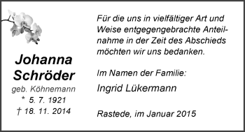 Traueranzeige von Johanna Schröder von Nordwest-Zeitung