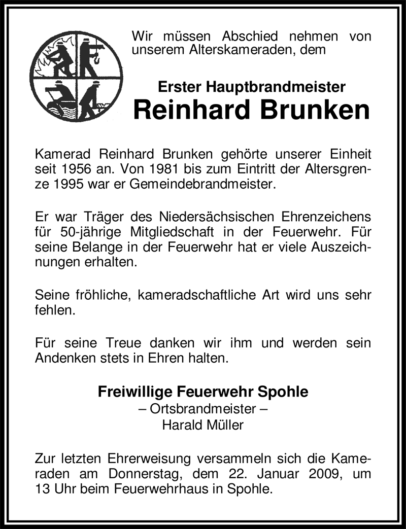  Traueranzeige für Reinhard Brunken vom 20.01.2009 aus Nordwest-Zeitung