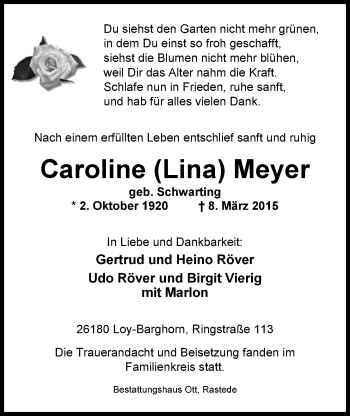 Traueranzeige von Caroline (Lina) Meyer von Nordwest-Zeitung