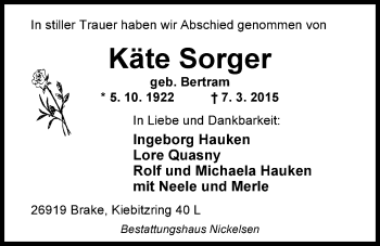 Traueranzeige von Käte Sorger von Nordwest-Zeitung