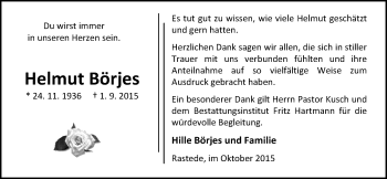 Traueranzeige von Helmut Börjes von Nordwest-Zeitung