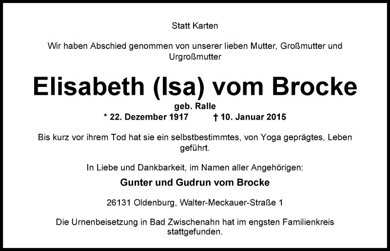  Traueranzeige für Elisabeth vom Brocke vom 31.01.2015 aus Nordwest-Zeitung