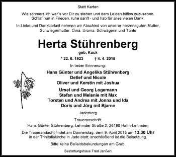 Traueranzeige von Herta Stührenberg von Nordwest-Zeitung