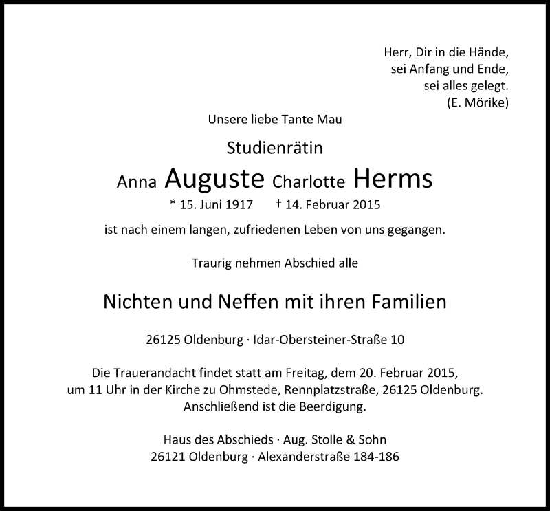  Traueranzeige für Anna Auguste Charlotte Herms vom 17.02.2015 aus Nordwest-Zeitung