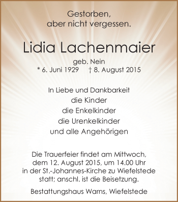 Traueranzeige von Lidia Lachenmaier von Nordwest-Zeitung
