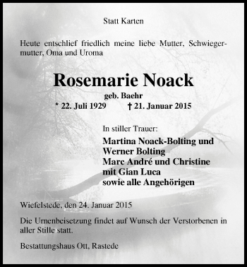 Traueranzeige von Rosemarie Noack von Nordwest-Zeitung
